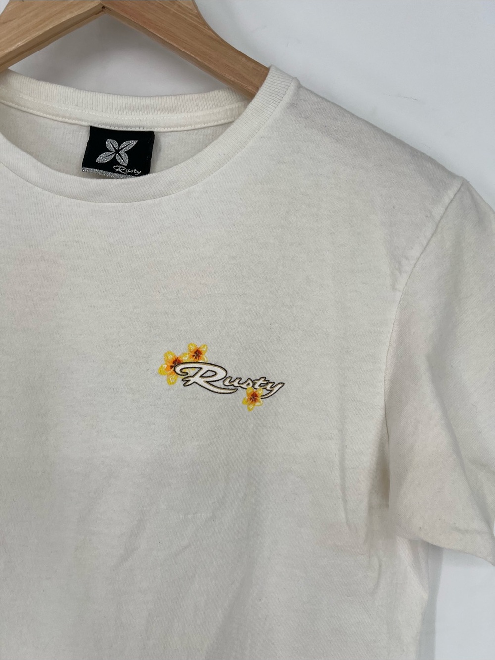 Vintage Rusty Cream Short Sleeve Tee Sunflower Logo Surf Graphic y2k 90s crop - Picture 3 of 10